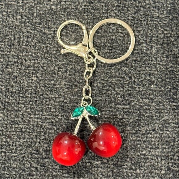 Accessories - Dark Red Cherry & Green Rhinestone Leaf Keychain/Bag Charm (NWT)